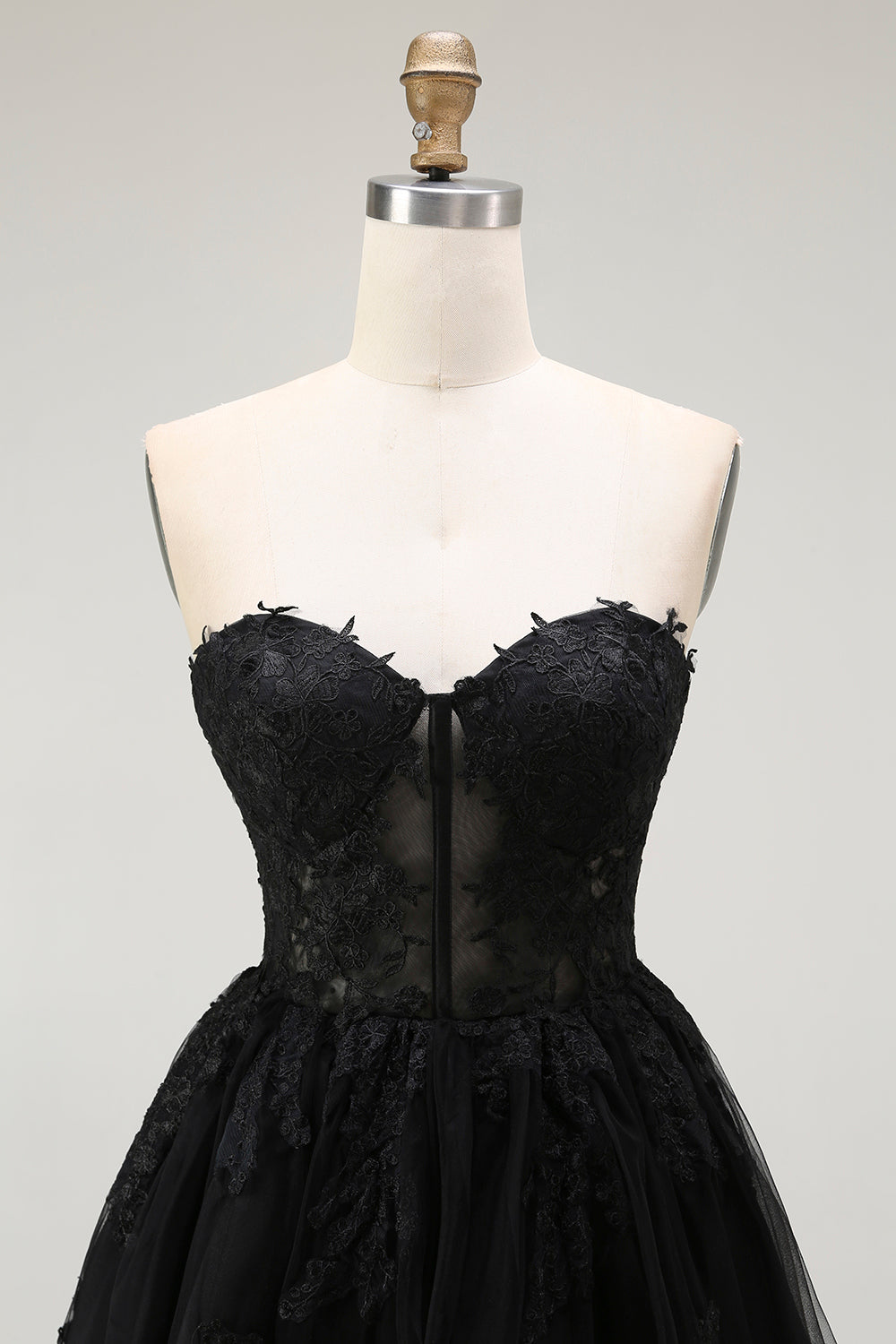 Black A Line Strapless Appliqued Corset Cocktail Dress