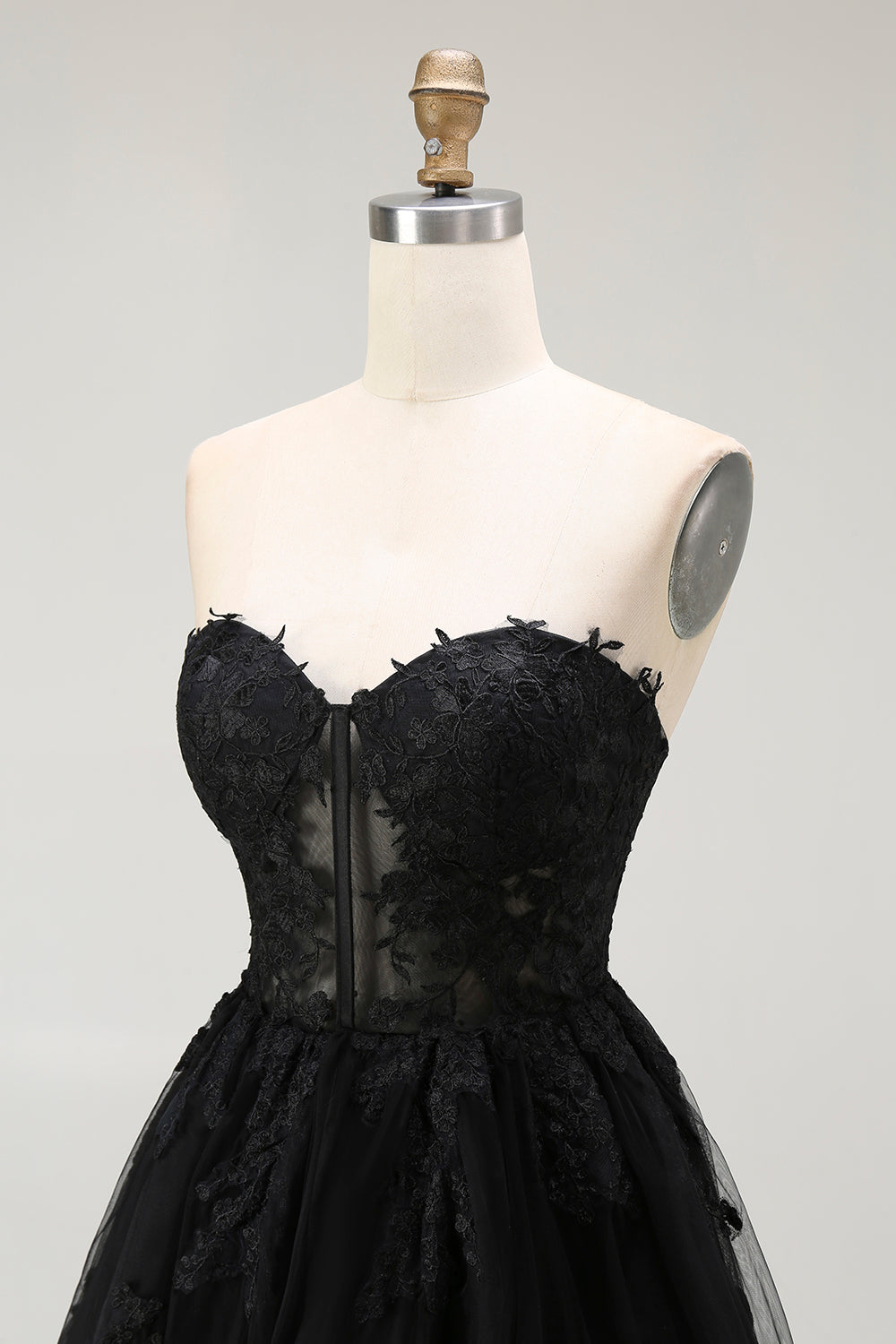 Black A Line Strapless Appliqued Corset Cocktail Dress