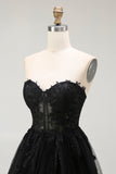 Black A Line Strapless Appliqued Corset Cocktail Dress