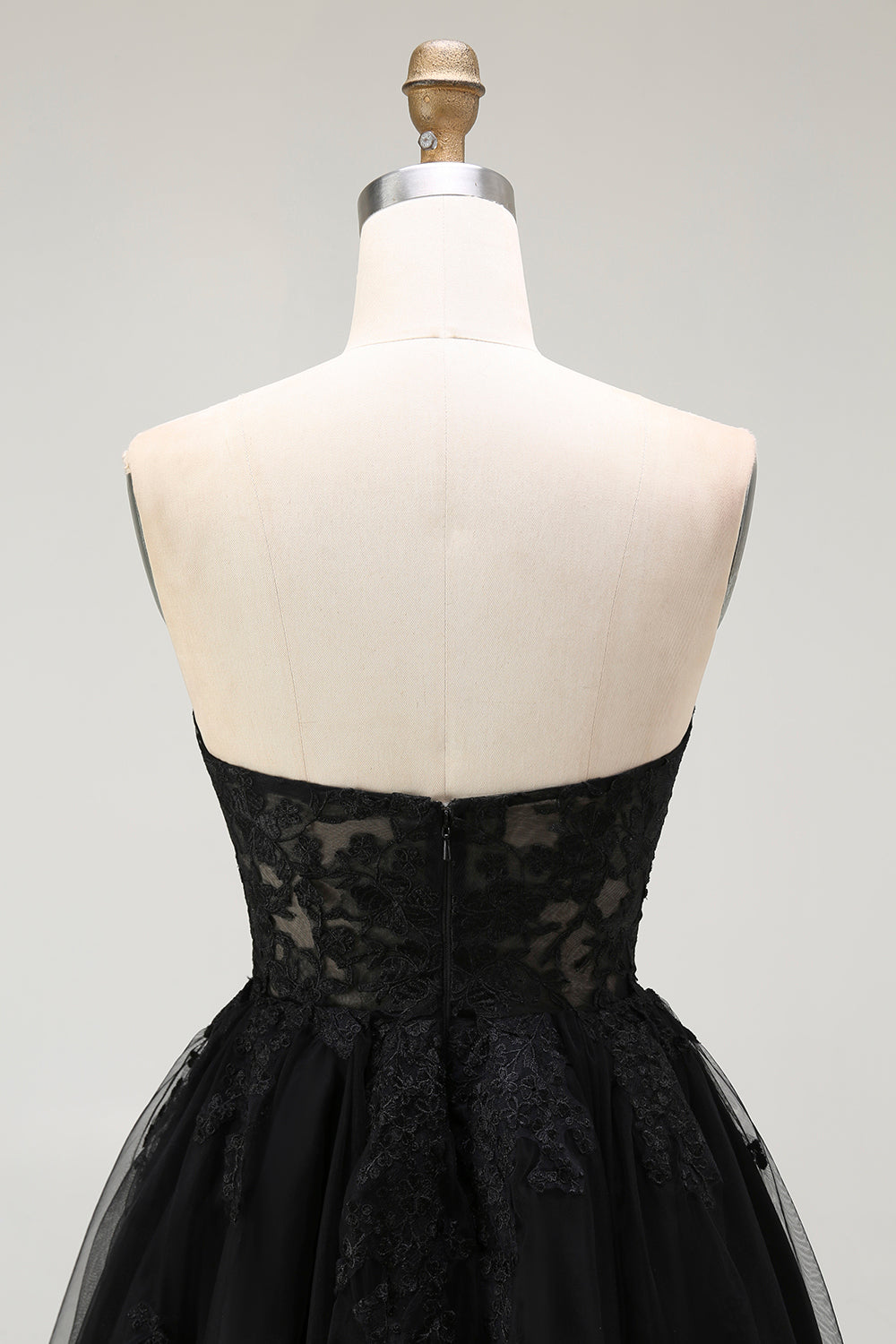 Black A Line Strapless Appliqued Corset Cocktail Dress
