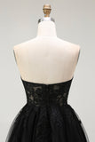Black A Line Strapless Appliqued Corset Cocktail Dress
