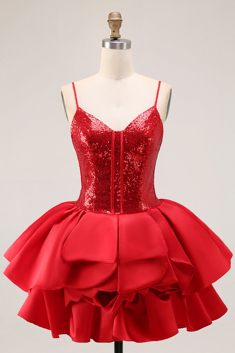 Sparkly Red A-Line Tiered Ruffled Homecoming Dress