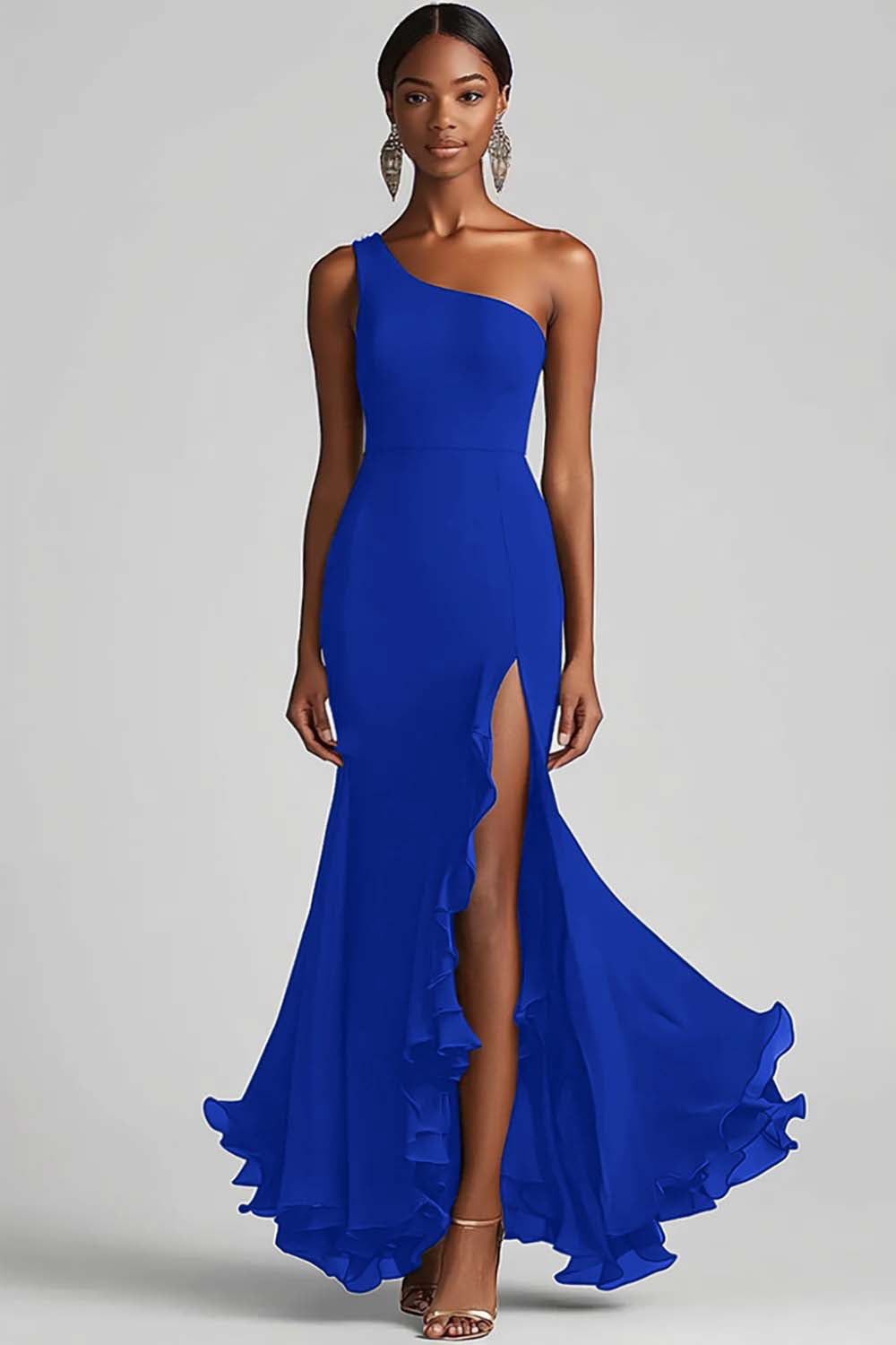 Black Chiffon One Shoulder Mermaid Formal Dress with Slit