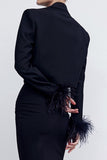 Black 2 Piece Notched Lapel Women Prom Suits with Feather