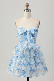 Strapless White Blue Flower A-line Tiered Short Homecoming Dress with Bow
