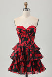 Black Red Floral A-line Sweetheart Tiered Corset Short Homecoming Dress