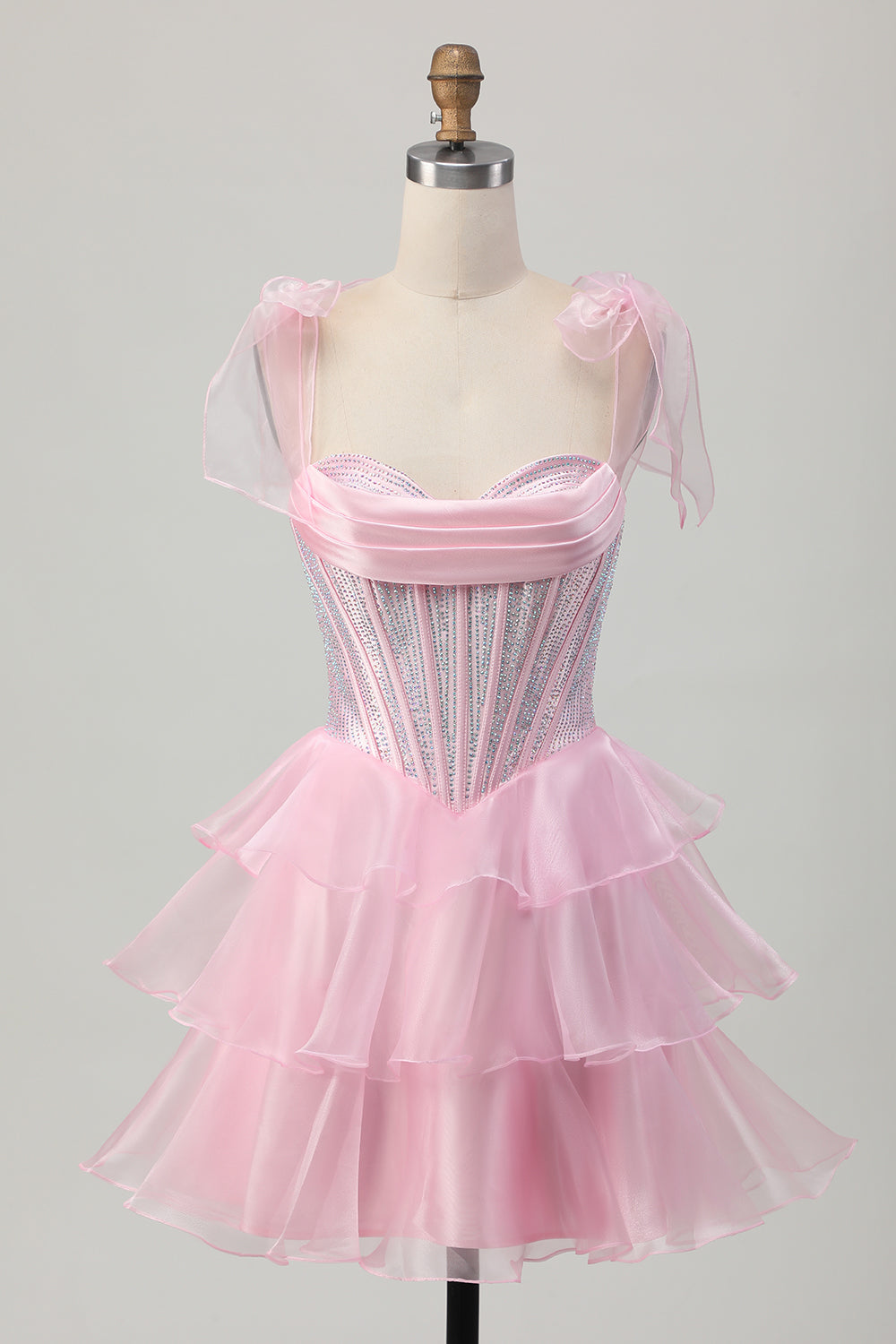 Sparkly Pink Straps Bow Corset Tiered Beaded Homecoming Dress