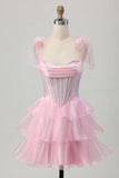 Sparkly Pink Straps Bow Corset Tiered Beaded Homecoming Dress