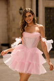Sparkly Pink Off The Shoulder Corset A Line Tiered Short Ball Dress