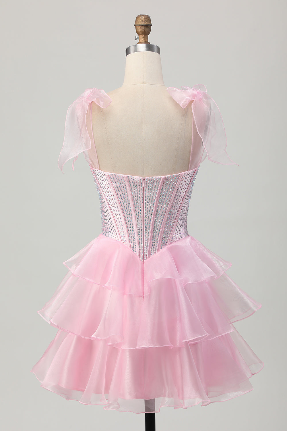 Sparkly Pink Straps Bow Corset Tiered Beaded Homecoming Dress