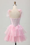 Sparkly Pink Straps Bow Corset Tiered Beaded Homecoming Dress