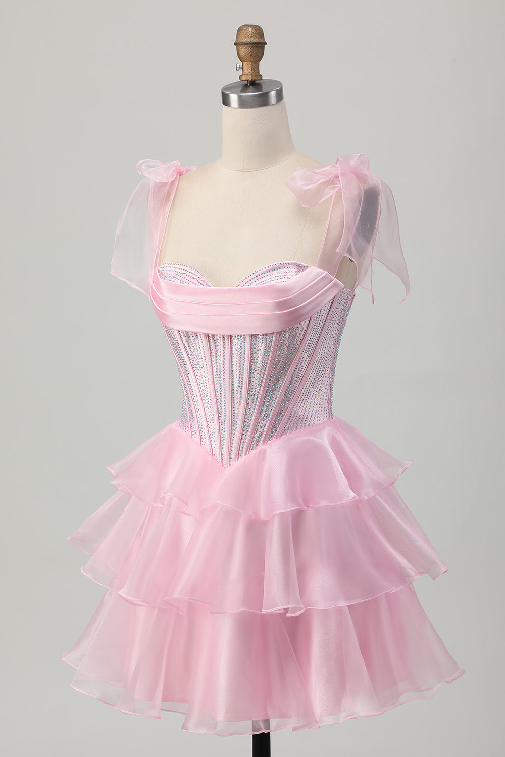 Sparkly Pink Straps Bow Corset Tiered Beaded Homecoming Dress