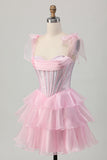Sparkly Pink Straps Bow Corset Tiered Beaded Homecoming Dress