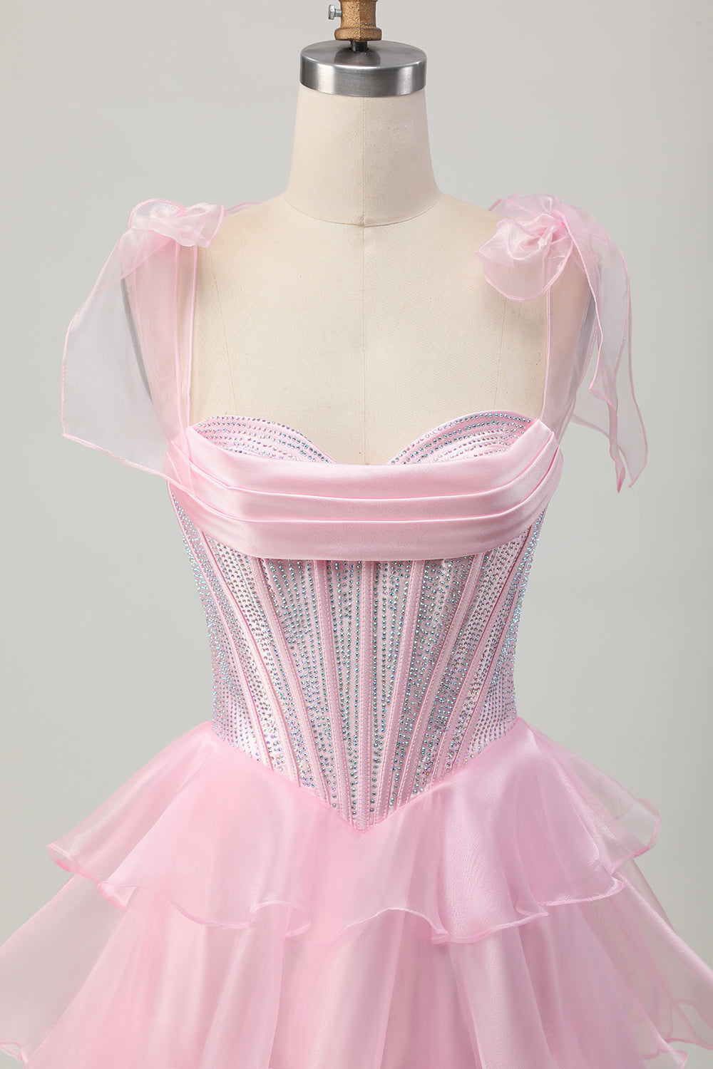 Sparkly Pink Straps Bow Corset Tiered Beaded Homecoming Dress