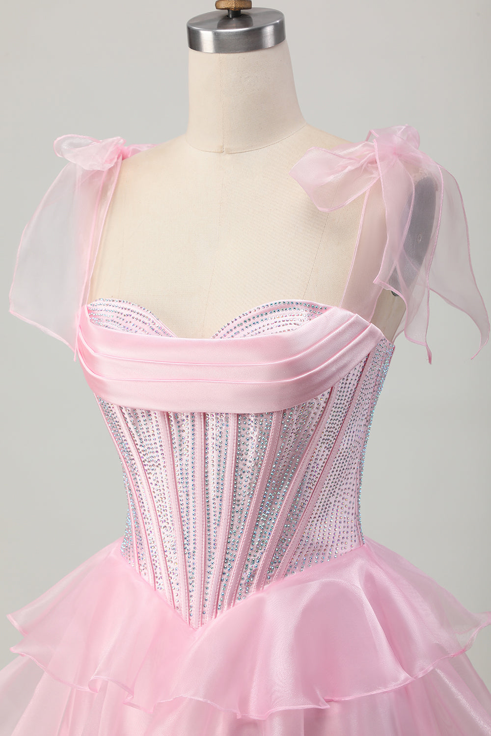 Sparkly Pink Straps Bow Corset Tiered Beaded Homecoming Dress