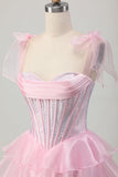 Sparkly Pink Straps Bow Corset Tiered Beaded Homecoming Dress