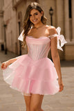 Sparkly Pink Off The Shoulder Corset A Line Tiered Short Ball Dress