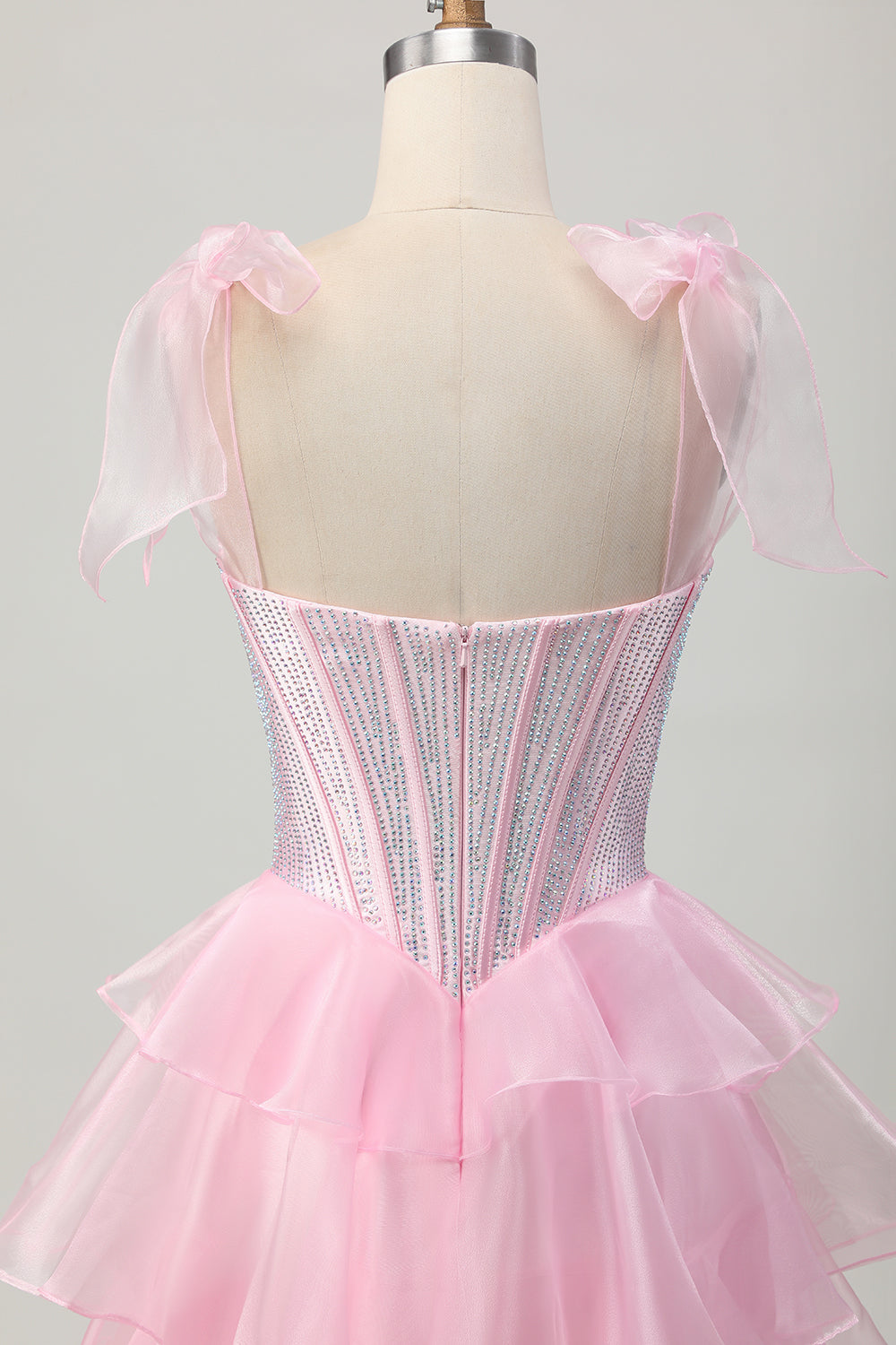 Sparkly Pink Straps Bow Corset Tiered Beaded Homecoming Dress