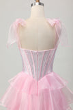 Sparkly Pink Straps Bow Corset Tiered Beaded Homecoming Dress