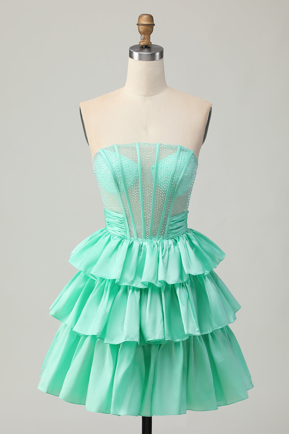 Green A-line Strapless Tiered Corset Beaded Short Homecoming Dress with Bow