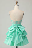 Green A-line Strapless Tiered Corset Beaded Short Homecoming Dress with Bow