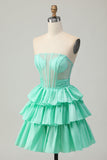 Green A-line Strapless Tiered Corset Beaded Short Homecoming Dress with Bow