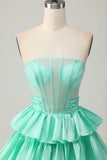 Green A-line Strapless Tiered Corset Beaded Short Homecoming Dress with Bow