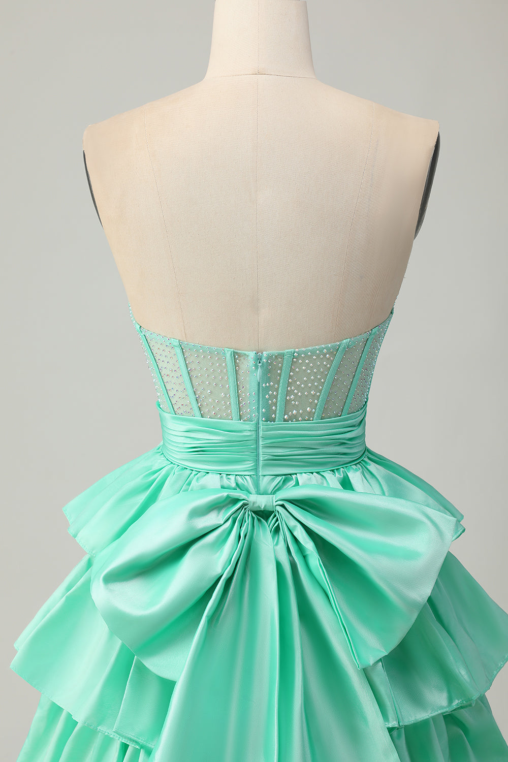 Green A-line Strapless Tiered Corset Beaded Short Homecoming Dress with Bow