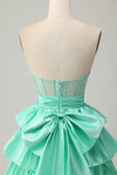 Green A-line Strapless Tiered Corset Beaded Short Homecoming Dress with Bow