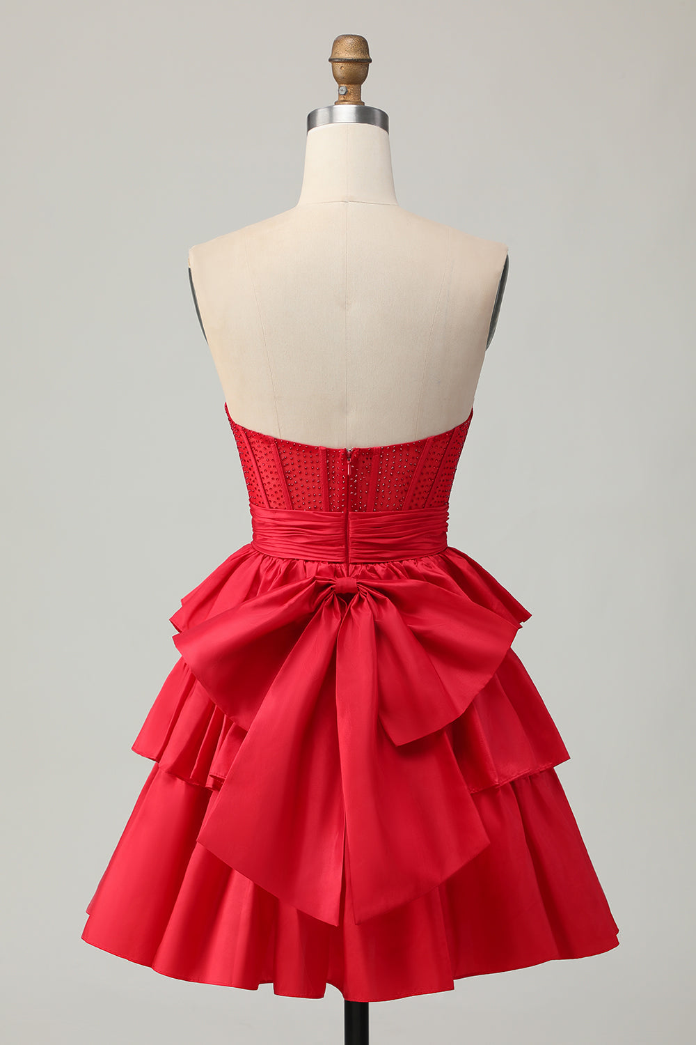 Red Strapless A-line Tiered Corset Beaded Short Homecoming Dress with Bow