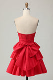 Red Strapless A-line Tiered Corset Beaded Short Homecoming Dress with Bow