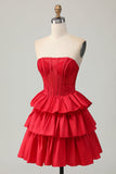 Red Strapless A-line Tiered Corset Beaded Short Homecoming Dress with Bow