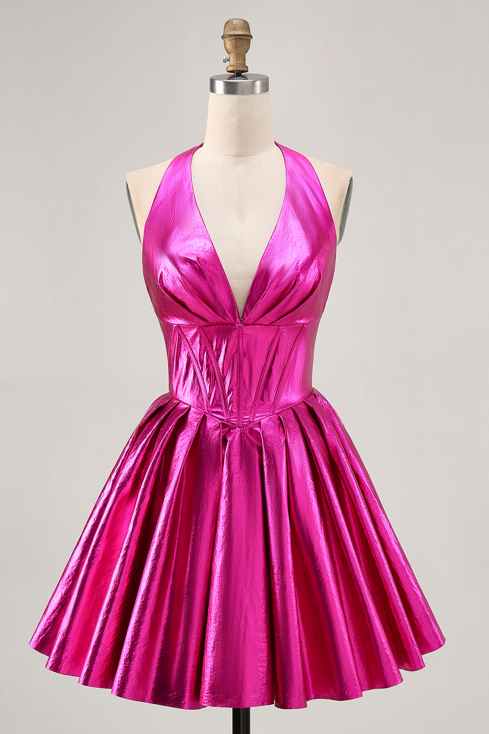 Metallic Fuchsia Halter Pleated Homecoming Dress