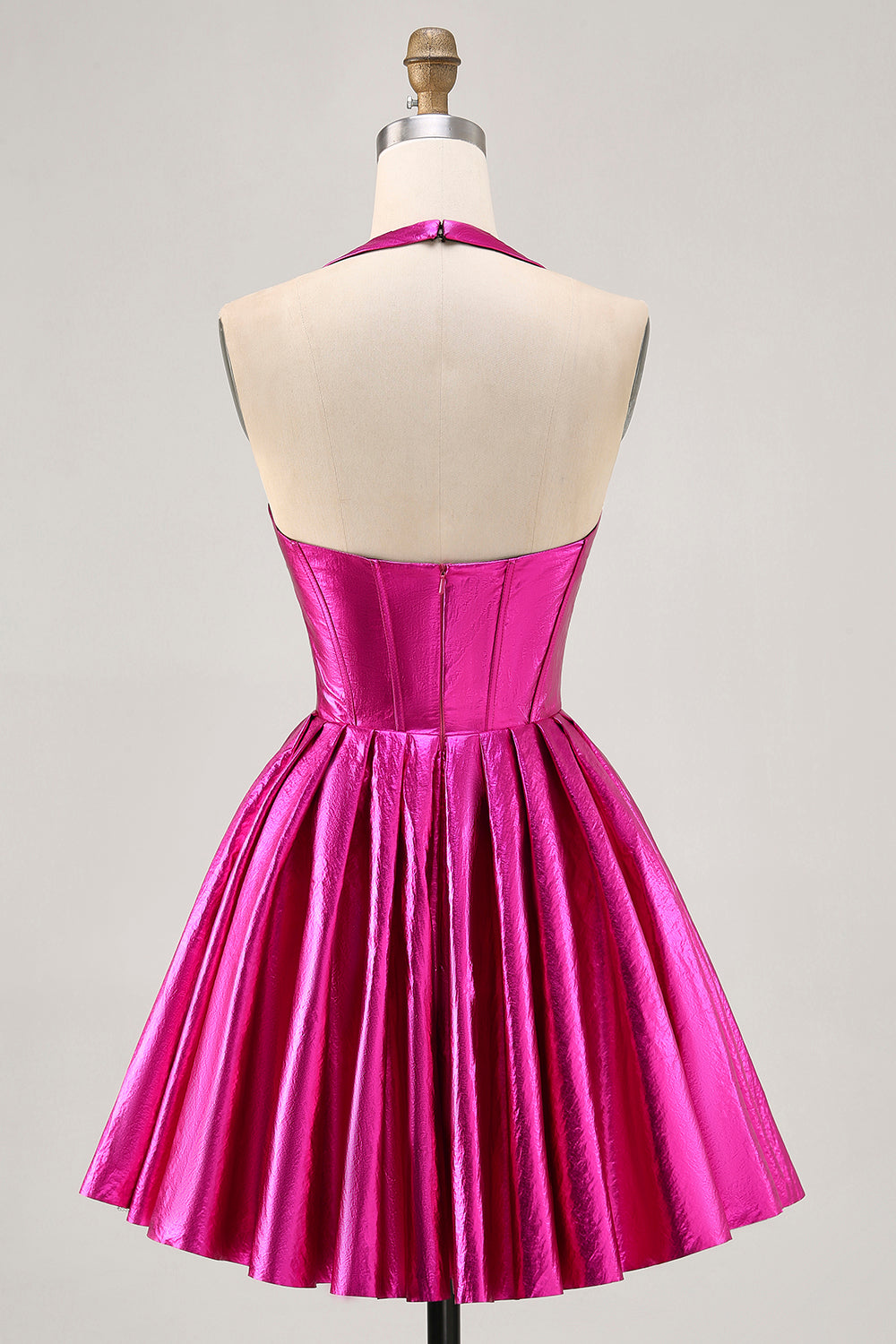 Metallic Fuchsia Halter Pleated Homecoming Dress
