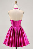 Metallic Fuchsia Halter Pleated Homecoming Dress