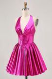 Metallic Fuchsia Halter Pleated Homecoming Dress