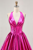 Metallic Fuchsia Halter Pleated Homecoming Dress