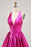 Metallic Fuchsia Halter Pleated Homecoming Dress