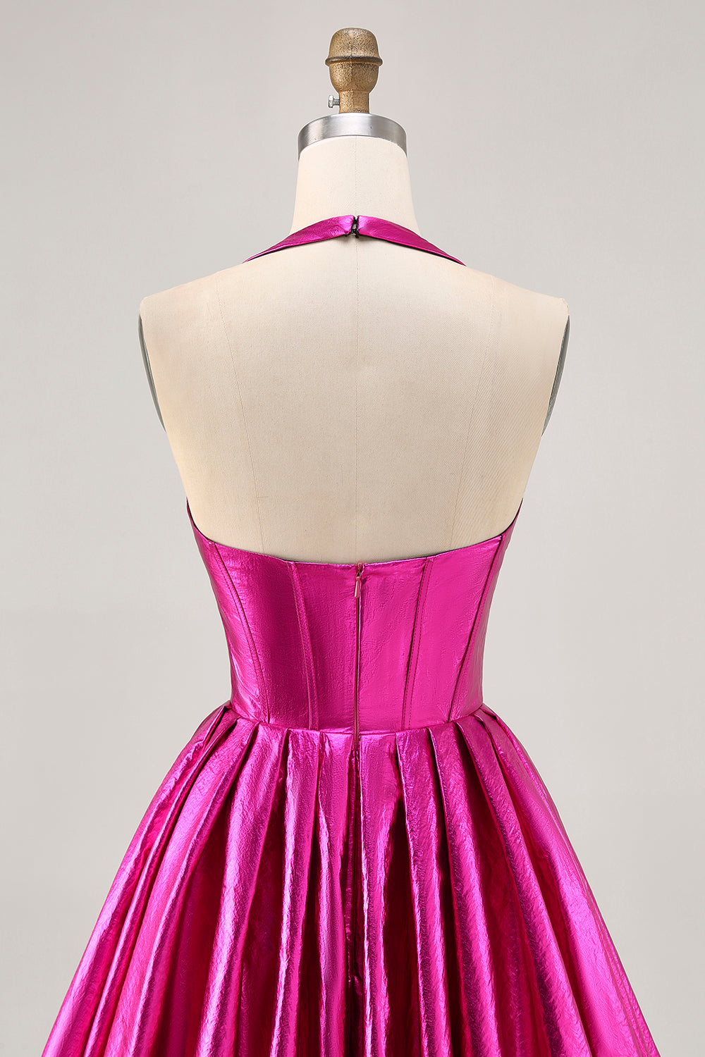 Metallic Fuchsia Halter Pleated Homecoming Dress