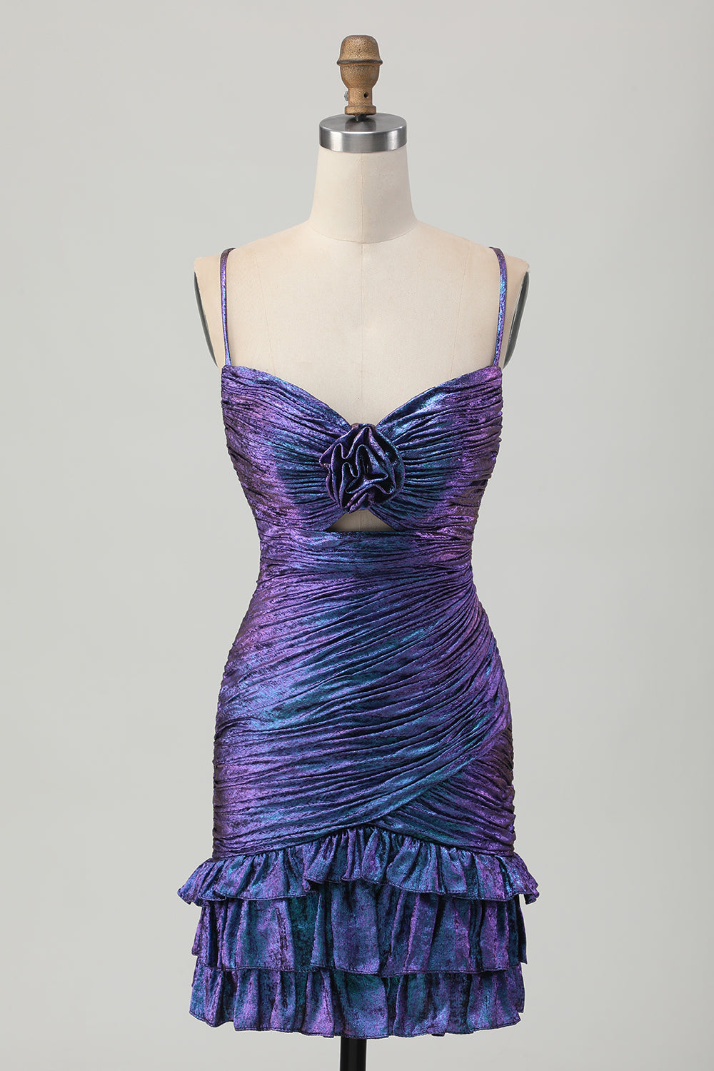 Metallic Blue Purple Bodycon Cut Out Ruffled Homecoming Dress