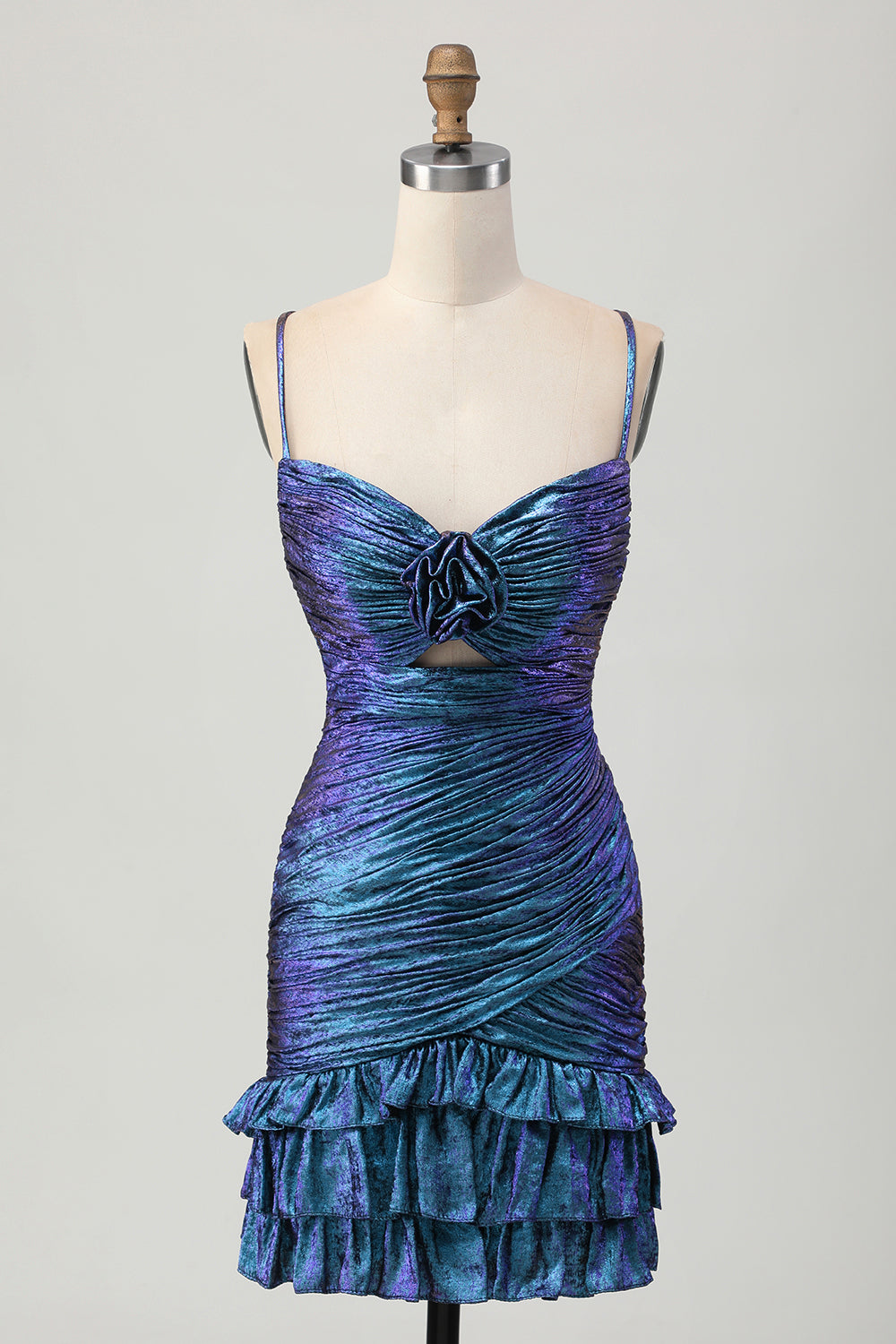 Blue Purple Ruched Cut Out Ruffled Metallic Short Ball Dress
