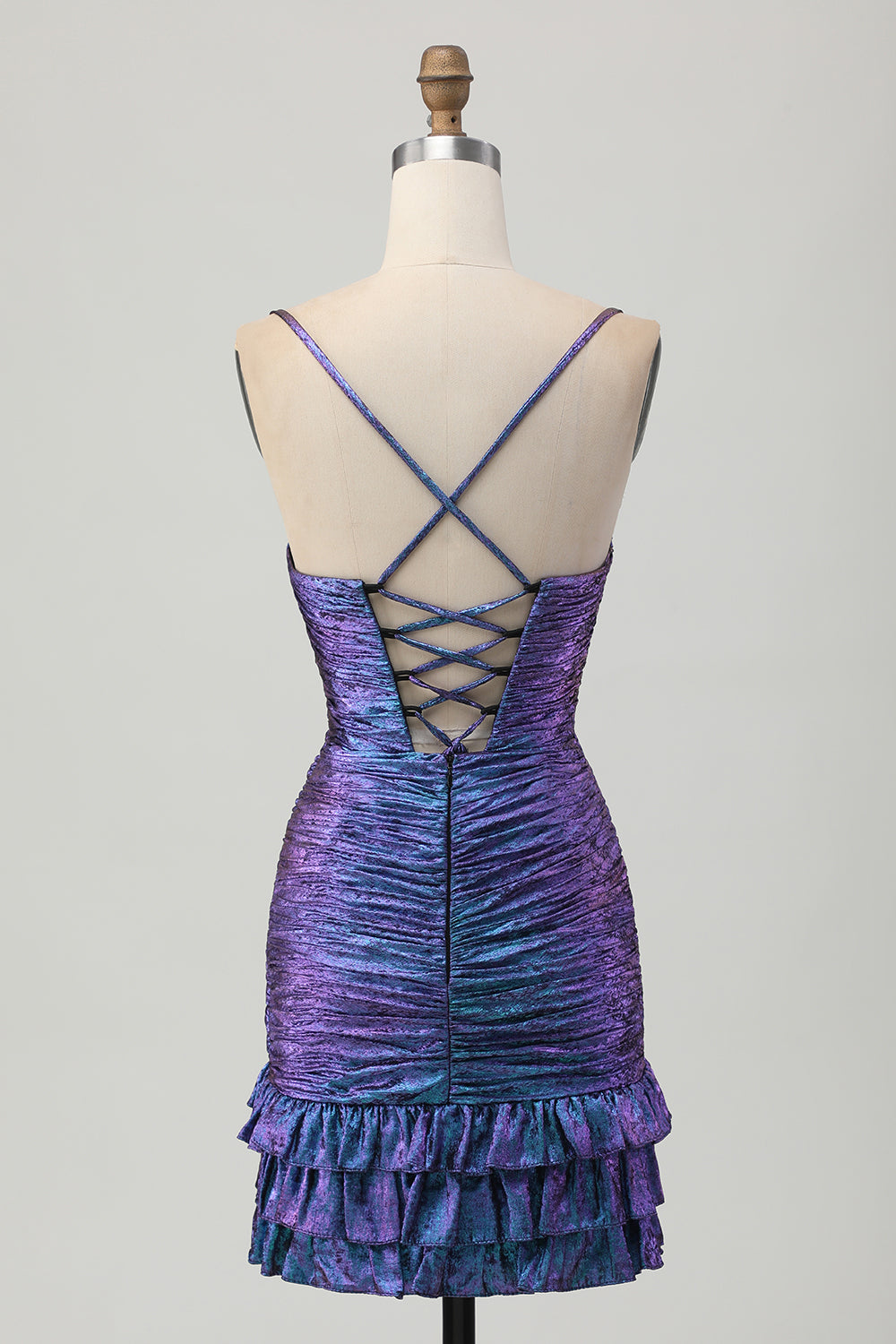 Metallic Blue Purple Bodycon Cut Out Ruffled Homecoming Dress