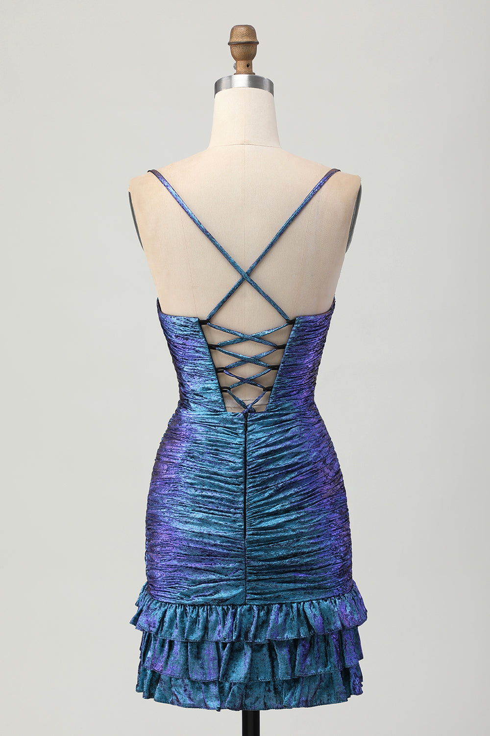 Blue Purple Ruched Cut Out Ruffled Metallic Short Ball Dress