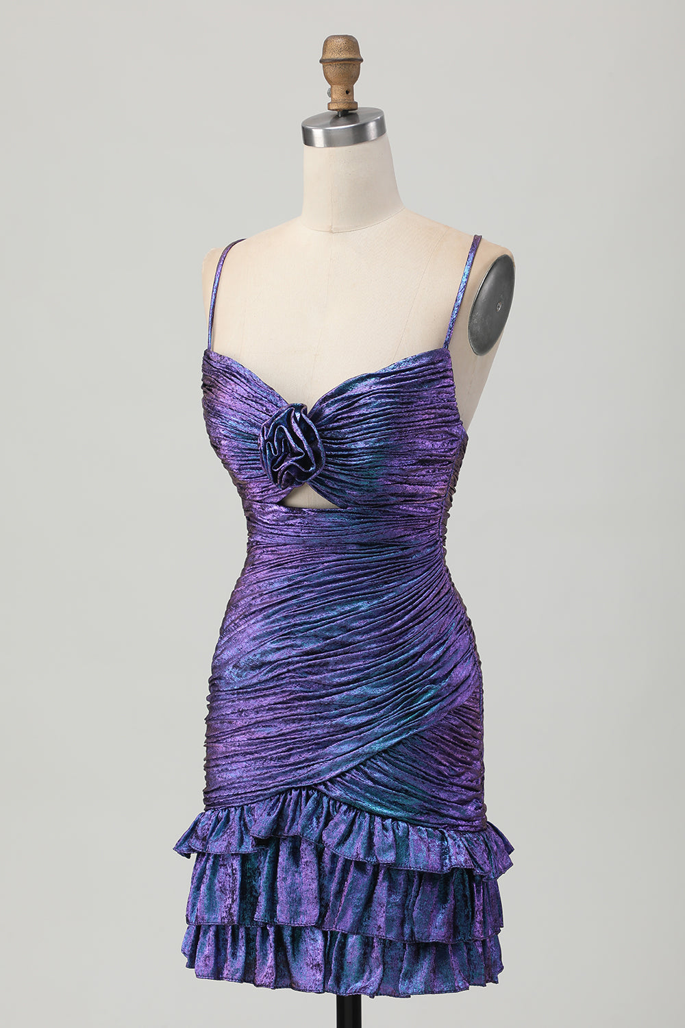 Metallic Blue Purple Bodycon Cut Out Ruffled Homecoming Dress