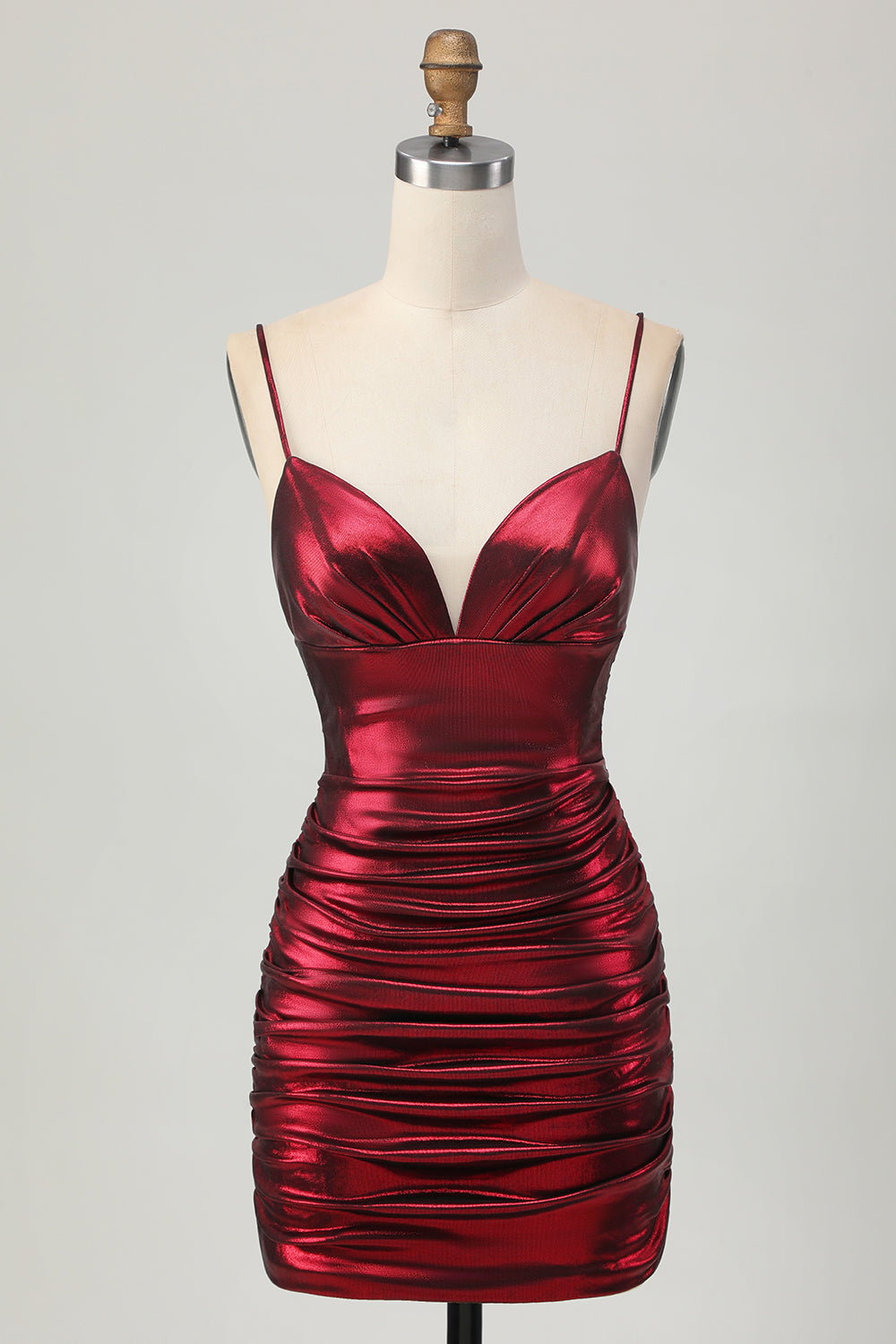 Sparkly Metallic Burgundy Spaghetti Straps Tight Ruched Short Homecoming Dress