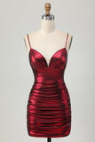 Sparkly Metallic Burgundy Spaghetti Straps Tight Ruched Short Homecoming Dress
