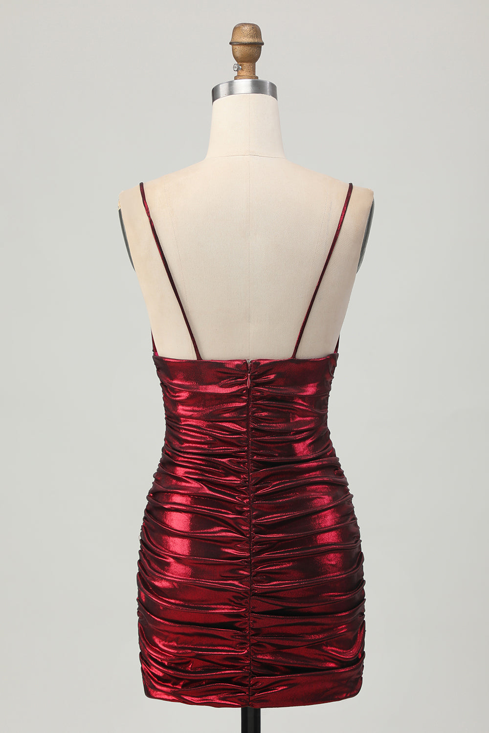 Sparkly Metallic Burgundy Spaghetti Straps Tight Ruched Short Homecoming Dress