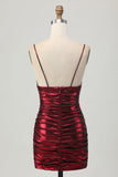 Sparkly Metallic Burgundy Spaghetti Straps Tight Ruched Short Homecoming Dress
