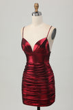 Sparkly Metallic Burgundy Spaghetti Straps Tight Ruched Short Homecoming Dress