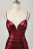 Sparkly Metallic Burgundy Spaghetti Straps Tight Ruched Short Homecoming Dress